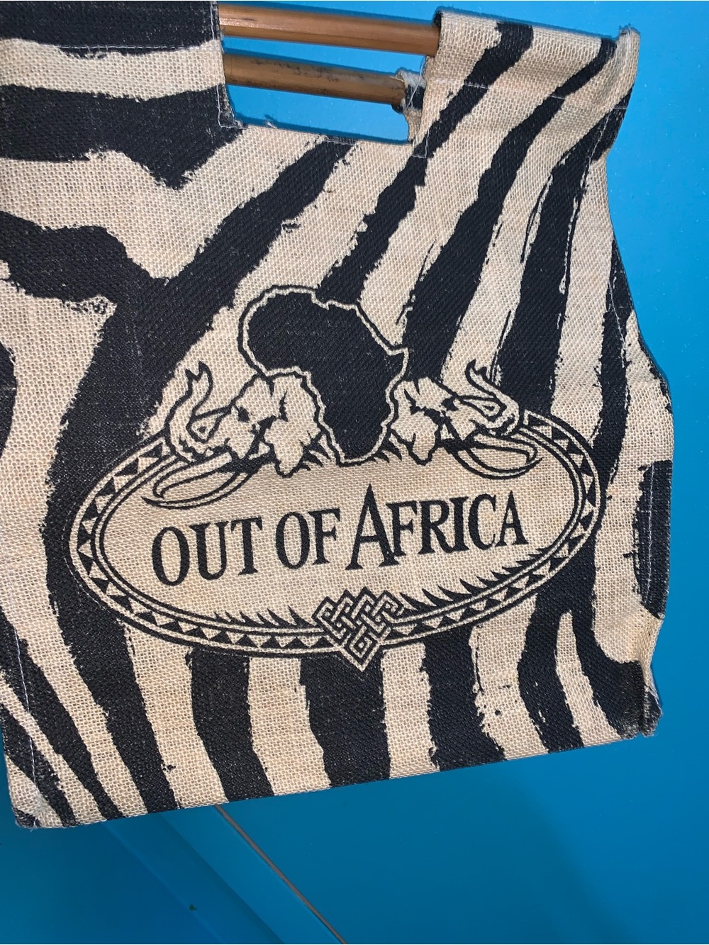 Out of Africa Zebra Print Tote Bag - Black & Cream with Wooden Handle
